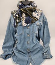 Load image into Gallery viewer, upcycled scarf, swag scarf, sweater scarf, cowl neck scarf, handmade scarf, couture trend, eco-conscious, josie t. designs, reclaimed textiles, repurposed textiles, repurposed fabric projects, DIY upcycled scarf, re-purposed fabric projects, textile art scarf