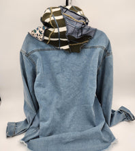 Load image into Gallery viewer, upcycled scarf, swag scarf, sweater scarf, cowl neck scarf, handmade scarf, couture trend, eco-conscious, josie t. designs, reclaimed textiles, repurposed textiles, repurposed fabric projects, DIY upcycled scarf, re-purposed fabric projects, textile art scarf