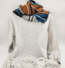 Load image into Gallery viewer, upcycled scarf, swag scarf, sweater scarf, cowl neck scarf, handmade scarf, couture trend, eco-conscious, josie t. designs, reclaimed textiles, repurposed textiles, repurposed fabric projects, DIY upcycled scarf, re-purposed fabric projects, textile art scarf