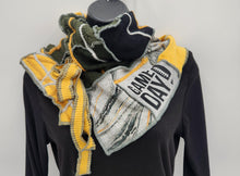 Load image into Gallery viewer, upcycled scarf, swag scarf, sweater scarf, cowl neck scarf, handmade scarf, couture trend, eco-conscious, josie t. designs, reclaimed textiles, repurposed textiles, repurposed fabric projects, DIY upcycled scarf, re-purposed fabric projects, textile art scarf green bay packer scarf, packer apparel, handmade packer scarf