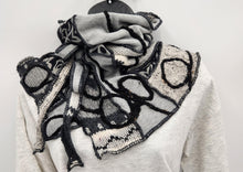 Load image into Gallery viewer, upcycled scarf, swag scarf, sweater scarf, cowl neck scarf, handmade scarf, couture trend, eco-conscious, josie t. designs, reclaimed textiles, repurposed textiles, repurposed fabric projects, DIY upcycled scarf, re-purposed fabric projects, textile art scarf