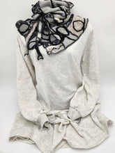 Load image into Gallery viewer, upcycled scarf, swag scarf, sweater scarf, cowl neck scarf, handmade scarf, couture trend, eco-conscious, josie t. designs, reclaimed textiles, repurposed textiles, repurposed fabric projects, DIY upcycled scarf, re-purposed fabric projects, textile art scarf