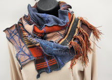 Load image into Gallery viewer, upcycled scarf, swag scarf, sweater scarf, cowl neck scarf, handmade scarf, couture trend, eco-conscious, josie t. designs, reclaimed textiles, repurposed textiles, repurposed fabric projects, DIY upcycled scarf, re-purposed fabric projects, textile art scarf