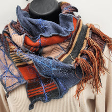 Load image into Gallery viewer, upcycled scarf, swag scarf, sweater scarf, cowl neck scarf, handmade scarf, couture trend, eco-conscious, josie t. designs, reclaimed textiles, repurposed textiles, repurposed fabric projects, DIY upcycled scarf, re-purposed fabric projects, textile art scarf