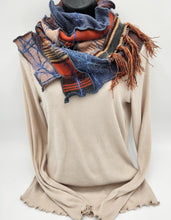 Load image into Gallery viewer, upcycled scarf, swag scarf, sweater scarf, cowl neck scarf, handmade scarf, couture trend, eco-conscious, josie t. designs, reclaimed textiles, repurposed textiles, repurposed fabric projects, DIY upcycled scarf, re-purposed fabric projects, textile art scarf