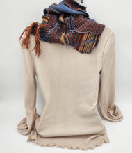 Load image into Gallery viewer, upcycled scarf, swag scarf, sweater scarf, cowl neck scarf, handmade scarf, couture trend, eco-conscious, josie t. designs, reclaimed textiles, repurposed textiles, repurposed fabric projects, DIY upcycled scarf, re-purposed fabric projects, textile art scarf