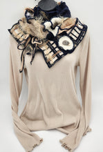 Load image into Gallery viewer, upcycled scarf, swag scarf, sweater scarf, cowl neck scarf, handmade scarf, couture trend, eco-conscious, josie t. designs, reclaimed textiles, repurposed textiles, repurposed fabric projects, DIY upcycled scarf, re-purposed fabric projects, textile art scarf