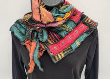 Load image into Gallery viewer, upcycled scarf, swag scarf, sweater scarf, cowl neck scarf, handmade scarf, couture trend, eco-conscious, josie t. designs, reclaimed textiles, repurposed textiles, repurposed fabric projects, DIY upcycled scarf, re-purposed fabric projects, textile art scarf