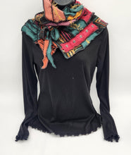 Load image into Gallery viewer, upcycled scarf, swag scarf, sweater scarf, cowl neck scarf, handmade scarf, couture trend, eco-conscious, josie t. designs, reclaimed textiles, repurposed textiles, repurposed fabric projects, DIY upcycled scarf, re-purposed fabric projects, textile art scarf