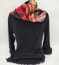 Load image into Gallery viewer, upcycled scarf, swag scarf, sweater scarf, cowl neck scarf, handmade scarf, couture trend, eco-conscious, josie t. designs, reclaimed textiles, repurposed textiles, repurposed fabric projects, DIY upcycled scarf, re-purposed fabric projects, textile art scarf