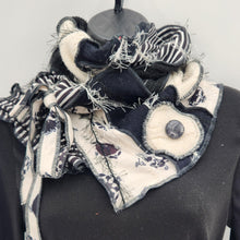 Load image into Gallery viewer, upcycled scarf, swag scarf, sweater scarf, cowl neck scarf, handmade scarf, couture trend, eco-conscious, josie t. designs, reclaimed textiles, repurposed textiles, repurposed fabric projects, DIY upcycled scarf, re-purposed fabric projects, textile art scarf