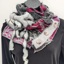 Load image into Gallery viewer, upcycled scarf, swag scarf, sweater scarf, cowl neck scarf, handmade scarf, couture trend, eco-conscious, josie t. designs, reclaimed textiles, repurposed textiles, repurposed fabric projects, DIY upcycled scarf, re-purposed fabric projects, textile art scarf