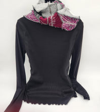 Load image into Gallery viewer, upcycled scarf, swag scarf, sweater scarf, cowl neck scarf, handmade scarf, couture trend, eco-conscious, josie t. designs, reclaimed textiles, repurposed textiles, repurposed fabric projects, DIY upcycled scarf, re-purposed fabric projects, textile art scarf