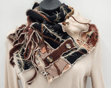 Load image into Gallery viewer, upcycled scarf, swag scarf, sweater scarf, cowl neck scarf, handmade scarf, couture trend, eco-conscious, josie t. designs, reclaimed textiles, repurposed textiles, repurposed fabric projects, DIY upcycled scarf, re-purposed fabric projects, textile art scarf