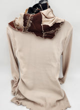 Load image into Gallery viewer, upcycled scarf, swag scarf, sweater scarf, cowl neck scarf, handmade scarf, couture trend, eco-conscious, josie t. designs, reclaimed textiles, repurposed textiles, repurposed fabric projects, DIY upcycled scarf, re-purposed fabric projects, textile art scarf