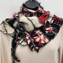 Load image into Gallery viewer, upcycled scarf, swag scarf, sweater scarf, cowl neck scarf, handmade scarf, couture trend, eco-conscious, josie t. designs, reclaimed textiles, repurposed textiles, repurposed fabric projects, DIY upcycled scarf, re-purposed fabric projects, textile art scarf