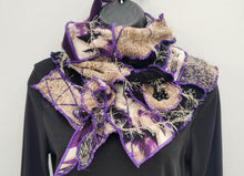 Load image into Gallery viewer, upcycled scarf, swag scarf, sweater scarf, cowl neck scarf, handmade scarf, couture trend, eco-conscious, josie t. designs, reclaimed textiles, repurposed textiles, repurposed fabric projects, DIY upcycled scarf, re-purposed fabric projects, textile art scarf