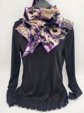 Load image into Gallery viewer, upcycled scarf, swag scarf, sweater scarf, cowl neck scarf, handmade scarf, couture trend, eco-conscious, josie t. designs, reclaimed textiles, repurposed textiles, repurposed fabric projects, DIY upcycled scarf, re-purposed fabric projects, textile art scarf