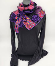 Load image into Gallery viewer, upcycled scarf, swag scarf, sweater scarf, cowl neck scarf, handmade scarf, couture trend, eco-conscious, josie t. designs, reclaimed textiles, repurposed textiles, repurposed fabric projects, DIY upcycled scarf, re-purposed fabric projects, textile art scarf