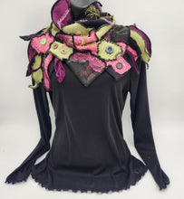 Load image into Gallery viewer, upcycled scarf, swag scarf, sweater scarf, cowl neck scarf, handmade scarf, couture trend, eco-conscious, josie t. designs, reclaimed textiles, repurposed textiles, repurposed fabric projects, DIY upcycled scarf, re-purposed fabric projects, textile art scarf