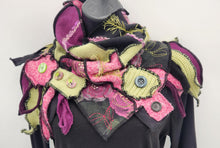 Load image into Gallery viewer, upcycled scarf, swag scarf, sweater scarf, cowl neck scarf, handmade scarf, couture trend, eco-conscious, josie t. designs, reclaimed textiles, repurposed textiles, repurposed fabric projects, DIY upcycled scarf, re-purposed fabric projects, textile art scarf