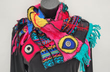 Load image into Gallery viewer, upcycled scarf, swag scarf, sweater scarf, cowl neck scarf, handmade scarf, couture trend, eco-conscious, josie t. designs, reclaimed textiles, repurposed textiles, repurposed fabric projects, DIY upcycled scarf, re-purposed fabric projects, textile art scarf