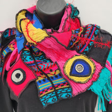 Load image into Gallery viewer, upcycled scarf, swag scarf, sweater scarf, cowl neck scarf, handmade scarf, couture trend, eco-conscious, josie t. designs, reclaimed textiles, repurposed textiles, repurposed fabric projects, DIY upcycled scarf, re-purposed fabric projects, textile art scarf