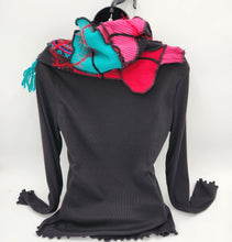Load image into Gallery viewer, upcycled scarf, swag scarf, sweater scarf, cowl neck scarf, handmade scarf, couture trend, eco-conscious, josie t. designs, reclaimed textiles, repurposed textiles, repurposed fabric projects, DIY upcycled scarf, re-purposed fabric projects, textile art scarf