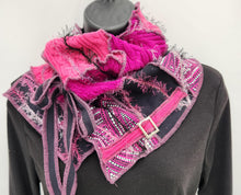 Load image into Gallery viewer, upcycled scarf, swag scarf, sweater scarf, cowl neck scarf, handmade scarf, couture trend, eco-conscious, josie t. designs, reclaimed textiles, repurposed textiles, repurposed fabric projects, DIY upcycled scarf, re-purposed fabric projects, textile art scarf, upcycled couture fabric neck cowl scarf, boho chic