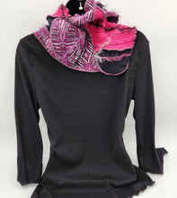 Load image into Gallery viewer, upcycled scarf, swag scarf, sweater scarf, cowl neck scarf, handmade scarf, couture trend, eco-conscious, josie t. designs, reclaimed textiles, repurposed textiles, repurposed fabric projects, DIY upcycled scarf, re-purposed fabric projects, textile art scarf, upcycled couture fabric neck cowl scarf, boho chic