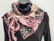 Load image into Gallery viewer, upcycled scarf, swag scarf, sweater scarf, cowl neck scarf, handmade scarf, couture trend, eco-conscious, josie t. designs, reclaimed textiles, repurposed textiles, repurposed fabric projects, DIY upcycled scarf, re-purposed fabric projects, textile art scarf, upcycled couture fabric neck cowl scarf, boho chic