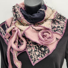 Load image into Gallery viewer, upcycled scarf, swag scarf, sweater scarf, cowl neck scarf, handmade scarf, couture trend, eco-conscious, josie t. designs, reclaimed textiles, repurposed textiles, repurposed fabric projects, DIY upcycled scarf, re-purposed fabric projects, textile art scarf, upcycled couture fabric neck cowl scarf, boho chic