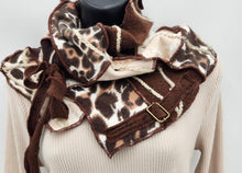 Load image into Gallery viewer, upcycled scarf, swag scarf, sweater scarf, cowl neck scarf, handmade scarf, couture trend, eco-conscious, josie t. designs, reclaimed textiles, repurposed textiles, repurposed fabric projects, DIY upcycled scarf, re-purposed fabric projects, textile art scarf, upcycled couture fabric neck cowl scarf, boho chic