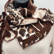 Load image into Gallery viewer, upcycled scarf, swag scarf, sweater scarf, cowl neck scarf, handmade scarf, couture trend, eco-conscious, josie t. designs, reclaimed textiles, repurposed textiles, repurposed fabric projects, DIY upcycled scarf, re-purposed fabric projects, textile art scarf, upcycled couture fabric neck cowl scarf, boho chic