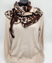 Load image into Gallery viewer, upcycled scarf, swag scarf, sweater scarf, cowl neck scarf, handmade scarf, couture trend, eco-conscious, josie t. designs, reclaimed textiles, repurposed textiles, repurposed fabric projects, DIY upcycled scarf, re-purposed fabric projects, textile art scarf, upcycled couture fabric neck cowl scarf, boho chic