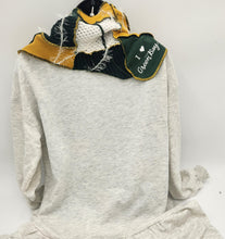 Load image into Gallery viewer, upcycled scarf, swag scarf, sweater scarf, cowl neck scarf, handmade scarf, couture trend, eco-conscious, josie t. designs, reclaimed textiles, repurposed textiles, repurposed fabric projects, DIY upcycled scarf, re-purposed fabric projects, textile art scarf, upcycled couture fabric neck cowl scarf, boho chic, packers scarf, green bay packer apparel