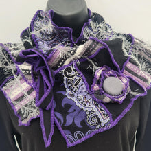 Load image into Gallery viewer, upcycled scarf, swag scarf, sweater scarf, cowl neck scarf, handmade scarf, couture trend, eco-conscious, josie t. designs, reclaimed textiles, repurposed textiles, repurposed fabric projects, DIY upcycled scarf, re-purposed fabric projects, textile art scarf, upcycled couture fabric neck cowl scarf, boho chic
