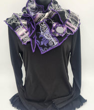 Load image into Gallery viewer, upcycled scarf, swag scarf, sweater scarf, cowl neck scarf, handmade scarf, couture trend, eco-conscious, josie t. designs, reclaimed textiles, repurposed textiles, repurposed fabric projects, DIY upcycled scarf, re-purposed fabric projects, textile art scarf, upcycled couture fabric neck cowl scarf, boho chic