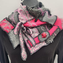 Load image into Gallery viewer, upcycled scarf, swag scarf, sweater scarf, cowl neck scarf, handmade scarf, couture trend, eco-conscious, josie t. designs, reclaimed textiles, repurposed textiles, repurposed fabric projects, DIY upcycled scarf, re-purposed fabric projects, textile art scarf, upcycled couture fabric neck cowl scarf, boho chic