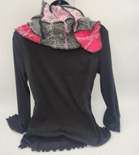 Load image into Gallery viewer, upcycled scarf, swag scarf, sweater scarf, cowl neck scarf, handmade scarf, couture trend, eco-conscious, josie t. designs, reclaimed textiles, repurposed textiles, repurposed fabric projects, DIY upcycled scarf, re-purposed fabric projects, textile art scarf, upcycled couture fabric neck cowl scarf, boho chic