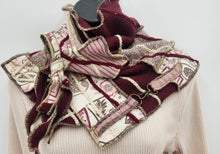 Load image into Gallery viewer, upcycled scarf, swag scarf, sweater scarf, cowl neck scarf, handmade scarf, couture trend, eco-conscious, josie t. designs, reclaimed textiles, repurposed textiles, repurposed fabric projects, DIY upcycled scarf, re-purposed fabric projects, textile art scarf, upcycled couture fabric neck cowl scarf, boho chic