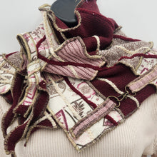 Load image into Gallery viewer, upcycled scarf, swag scarf, sweater scarf, cowl neck scarf, handmade scarf, couture trend, eco-conscious, josie t. designs, reclaimed textiles, repurposed textiles, repurposed fabric projects, DIY upcycled scarf, re-purposed fabric projects, textile art scarf, upcycled couture fabric neck cowl scarf, boho chic