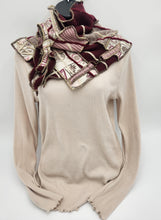Load image into Gallery viewer, upcycled scarf, swag scarf, sweater scarf, cowl neck scarf, handmade scarf, couture trend, eco-conscious, josie t. designs, reclaimed textiles, repurposed textiles, repurposed fabric projects, DIY upcycled scarf, re-purposed fabric projects, textile art scarf, upcycled couture fabric neck cowl scarf, boho chic