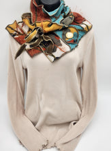 Load image into Gallery viewer, upcycled scarf, swag scarf, sweater scarf, cowl neck scarf, handmade scarf, couture trend, eco-conscious, josie t. designs, reclaimed textiles, repurposed textiles, repurposed fabric projects, DIY upcycled scarf, re-purposed fabric projects, textile art scarf, upcycled couture fabric neck cowl scarf, boho chic