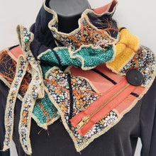 Load image into Gallery viewer, upcycled scarf, swag scarf, sweater scarf, cowl neck scarf, handmade scarf, couture trend, eco-conscious, josie t. designs, reclaimed textiles, repurposed textiles, repurposed fabric projects, DIY upcycled scarf, re-purposed fabric projects, textile art scarf, upcycled couture fabric neck cowl scarf, boho chic