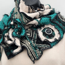 Load image into Gallery viewer, upcycled scarf, swag scarf, sweater scarf, cowl neck scarf, handmade scarf, couture trend, eco-conscious, josie t. designs, reclaimed textiles, repurposed textiles, repurposed fabric projects, DIY upcycled scarf, re-purposed fabric projects, textile art scarf, upcycled couture fabric neck cowl scarf, boho chic