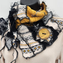 Load image into Gallery viewer, upcycled scarf, swag scarf, sweater scarf, cowl neck scarf, handmade scarf, couture trend, eco-conscious, josie t. designs, reclaimed textiles, repurposed textiles, repurposed fabric projects, DIY upcycled scarf, re-purposed fabric projects, textile art scarf, upcycled couture fabric neck cowl scarf, boho chic