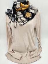 Load image into Gallery viewer, upcycled scarf, swag scarf, sweater scarf, cowl neck scarf, handmade scarf, couture trend, eco-conscious, josie t. designs, reclaimed textiles, repurposed textiles, repurposed fabric projects, DIY upcycled scarf, re-purposed fabric projects, textile art scarf, upcycled couture fabric neck cowl scarf, boho chic