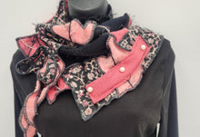 Load image into Gallery viewer, upcycled scarf, swag scarf, sweater scarf, cowl neck scarf, handmade scarf, couture trend, eco-conscious, josie t. designs, reclaimed textiles, repurposed textiles, repurposed fabric projects, DIY upcycled scarf, re-purposed fabric projects, textile art scarf, upcycled couture fabric neck cowl scarf, boho chic
