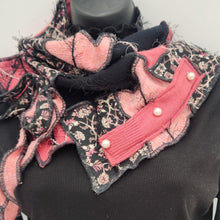 Load image into Gallery viewer, upcycled scarf, swag scarf, sweater scarf, cowl neck scarf, handmade scarf, couture trend, eco-conscious, josie t. designs, reclaimed textiles, repurposed textiles, repurposed fabric projects, DIY upcycled scarf, re-purposed fabric projects, textile art scarf, upcycled couture fabric neck cowl scarf, boho chic